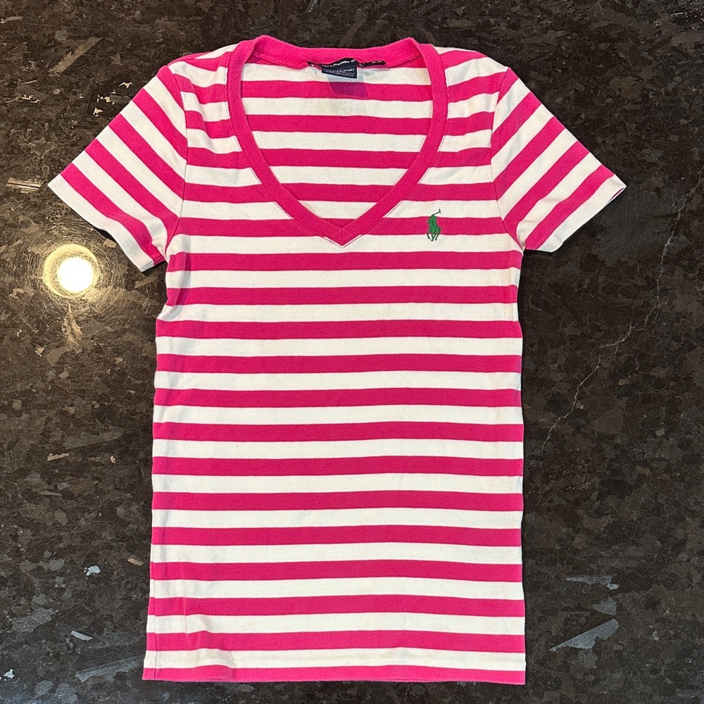 Ralph Lauren Fuchsia and White Striped V-Neck Tee